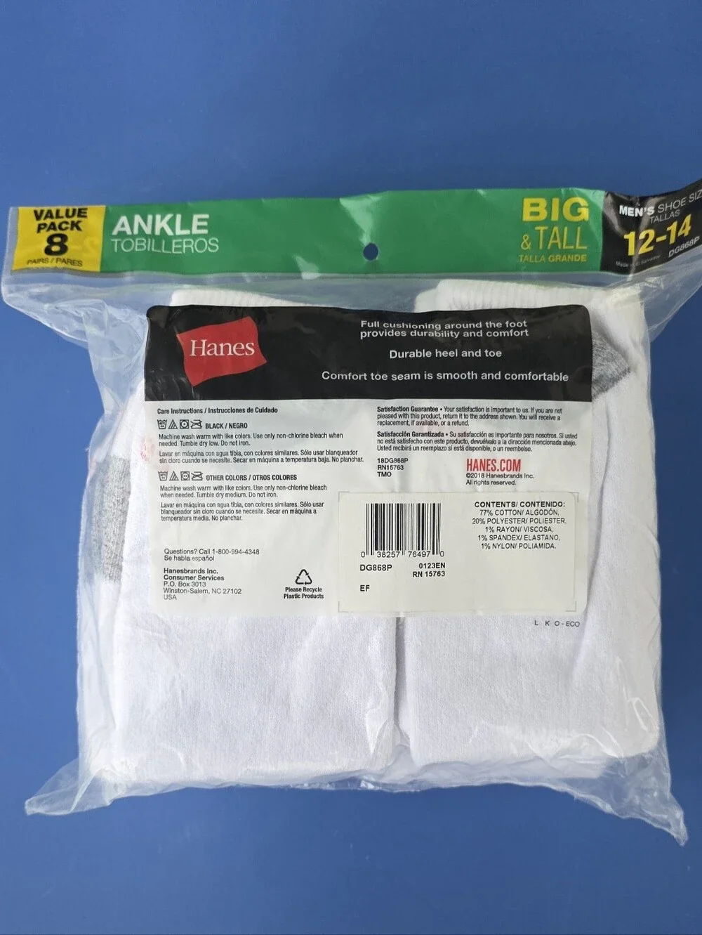 Hanes Big & Tall White and Gray Men's Ankle Socks - Pack of 8